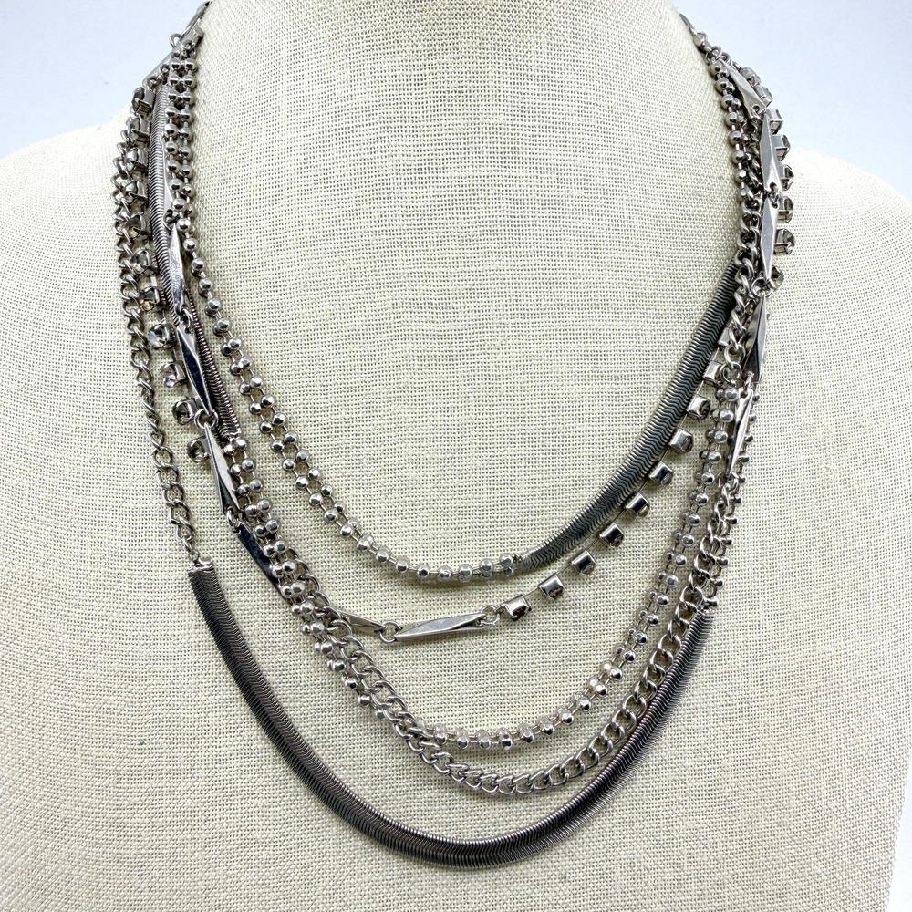 Multi-Strand Silver-Tone Statement Necklace Rhinestone Chain Boho Layering Piece